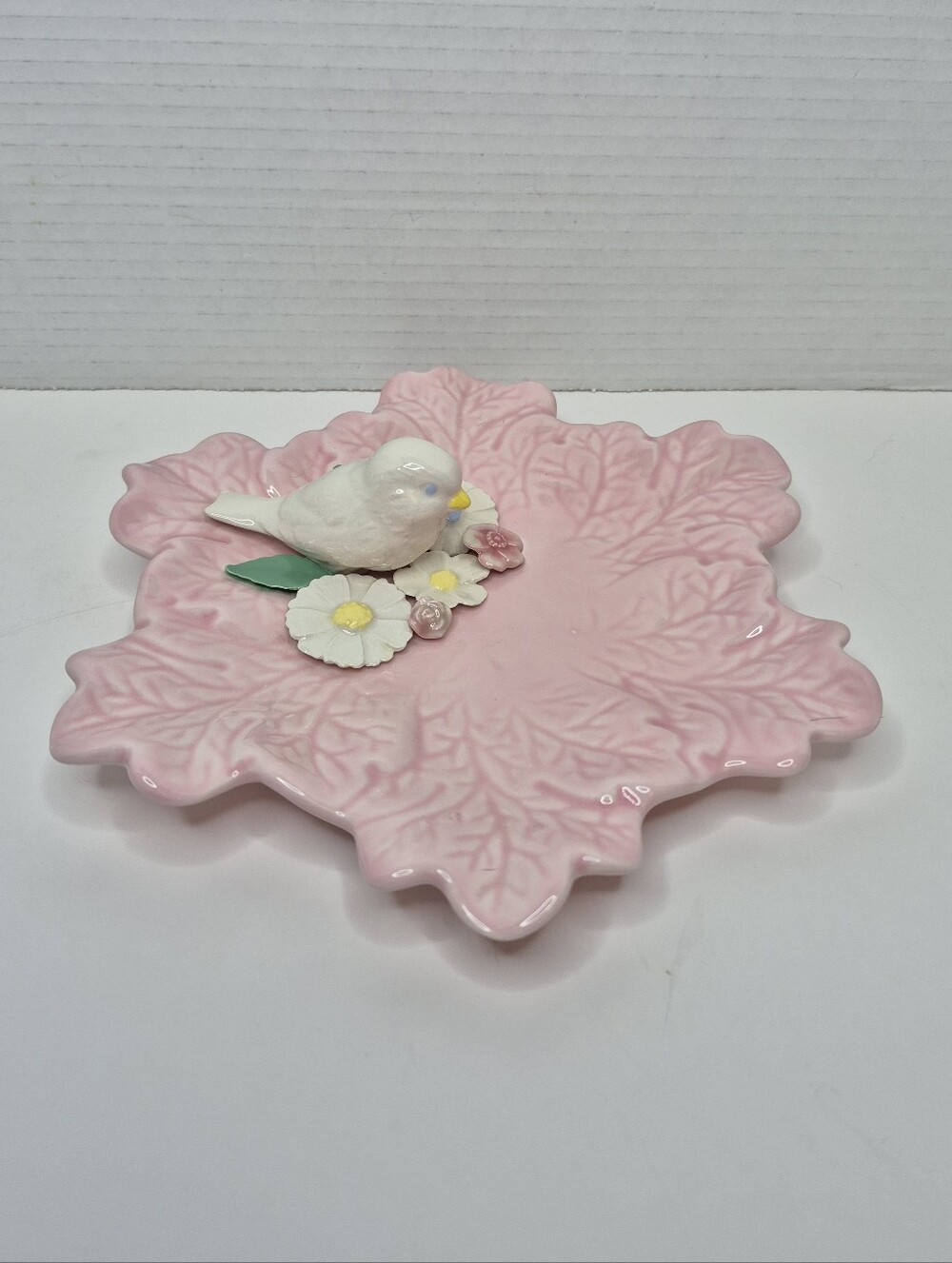 Charming Pink Leaf Plate with 3D Bird and Flowers RARE Vintage Find
